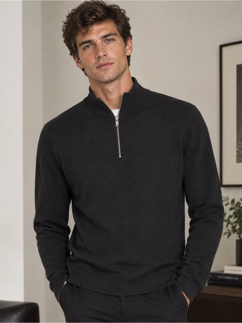 EUC - Ted Baker Men's Black Quarter-Zip Mock Neck Sweater - Size 7